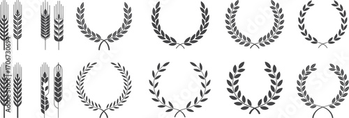 Set of black wheat ears and laurel wreath vector icons, agricultural crop design elements, award symbols, retro vintage emblem collection illustration, isolated