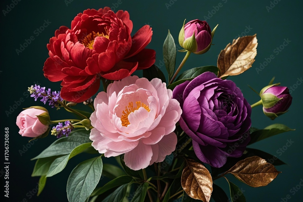 Fototapeta premium Realistic still life of large layered peonies (crimson, blush, deep purple) and budding roses with glossy leaves and gilded accents against a dark moody background