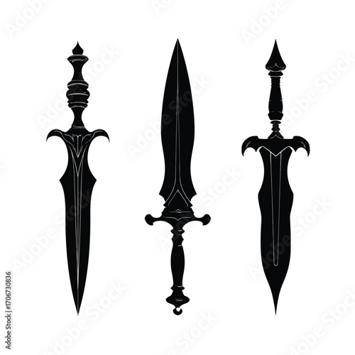Collection of dagger silhouettes isolated on white background