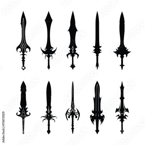 Collection of dagger silhouettes isolated on white background