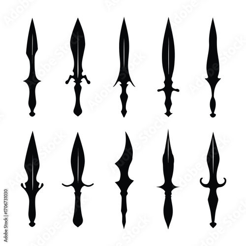 Collection of black and white dagger silhouettes isolated on white background