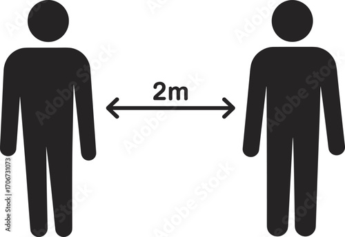 Social distancing vector illustration with two people silhouettes keeping safe distance of 2 meters, prevention health safety, coronavirus protection, pandemic awareness design