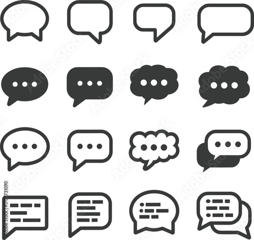 Speech bubble icon set, chat message symbols, conversation vector design, communication elements, dialogue boxes, text talk illustration, messaging interface graphic collection