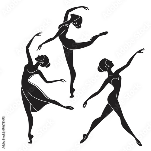Elegant black silhouettes of three graceful ballerinas in dynamic poses showcasing the beauty and artistry of classical ballet dance against a clean white background