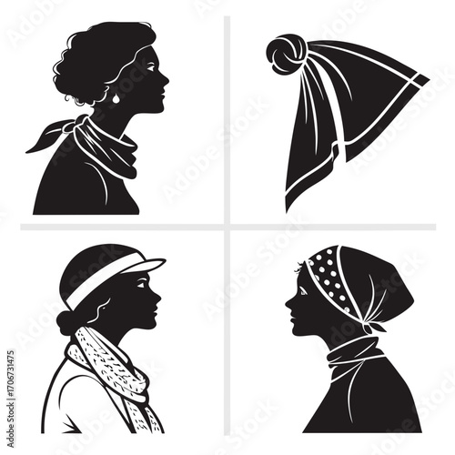 Four distinct black and white silhouette illustrations of women in profile showcasing different headwear and neckwear styles including scarves hats and bandanas