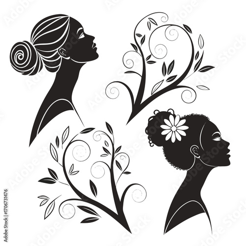 Elegant black silhouettes of two women s profiles adorned with floral vine elements and intricate hairstyles on a white background representing beauty and nature