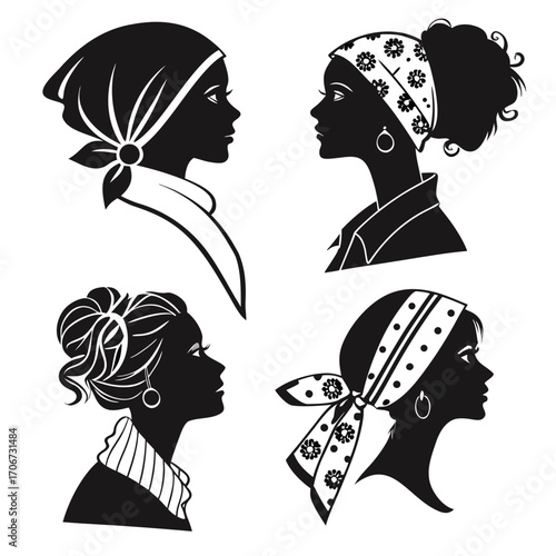 Four elegant black and white silhouette profiles of women wearing stylish headscarves and bandanas showcasing diverse hairstyles and accessories