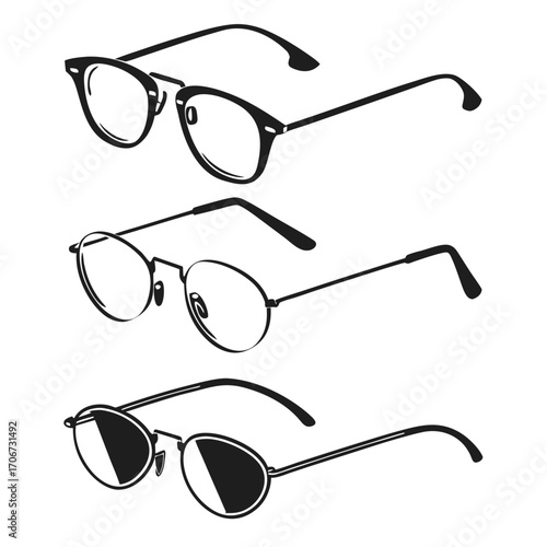 Three different styles of eyeglasses depicted as black silhouettes on a white background showcasing classic and modern designs for vision correction and fashion