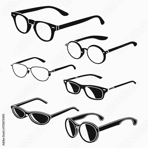 Collection of diverse black and white silhouette eyewear styles including classic round modern rectangular aviator and cat eye frames on a clean white background