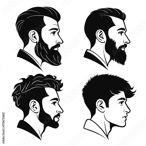 Set of four stylized black and white profile illustrations of men s heads featuring diverse hairstyles and beard styles