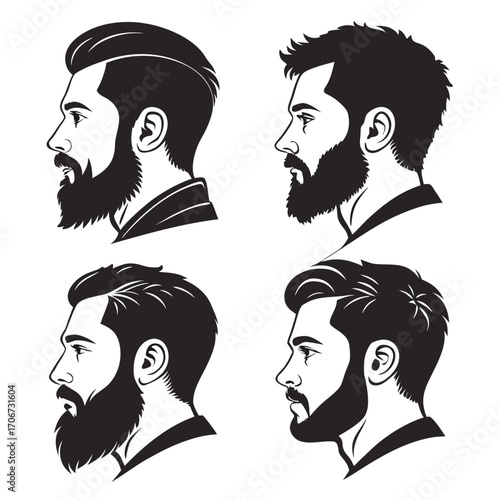 Collection of four distinct black and white profile illustrations of men s hairstyles and beard styles showcasing modern and classic looks for barbershop or fashion concepts