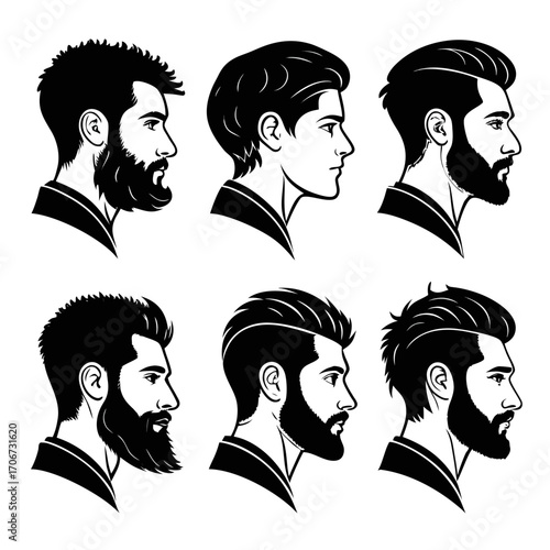 Collection of six diverse male profile illustrations showcasing various modern hairstyles and beard styles in a clean black and white graphic design