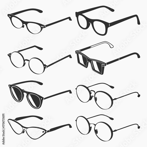 A collection of eight distinct styles of eyeglasses and spectacles presented as black silhouettes on a clean white background showcasing variety in frame shapes and designs