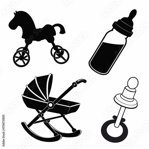 A collection of black silhouette baby icons including a rocking horse a baby bottle a pram and a pacifier on a white background