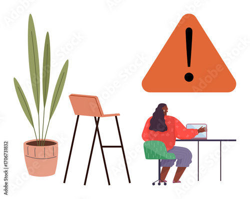 Woman seated at a desk using a laptop. Nearby, an orange caution icon, a high stool, and a potted plant signify vigilance and focus. Ideal for warning, safety, technology, education workplace