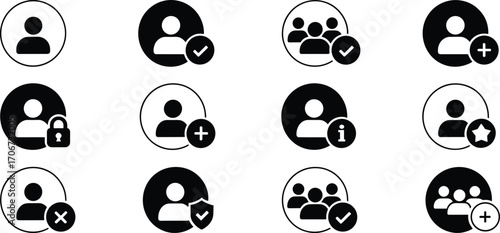 User profile icons set with account security, login privacy, add friend, group people, verification, star favorite, shield protection, business management