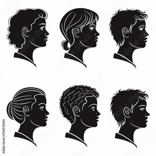 Diverse silhouettes of people s heads in profile showing various hairstyles and ethnicities representing individuality and diversity in a clean graphic style