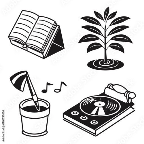A collection of four isometric icons representing a book on a stand a plant in water a drink with a flag and a record player with musical notes