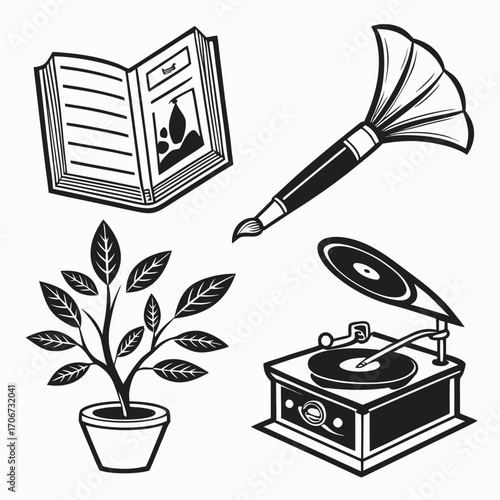 A collection of vintage and artistic items including an open book a paintbrush a potted plant and a gramophone presented in a clean black and white graphic style