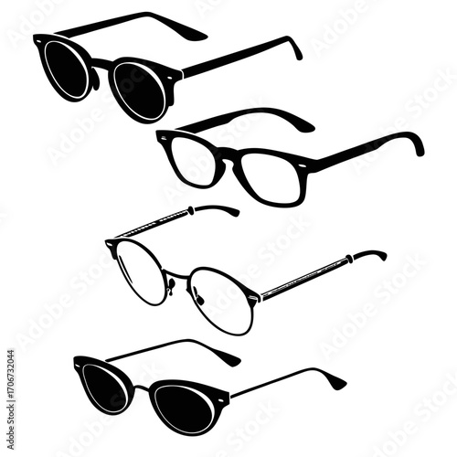 A collection of four distinct styles of black silhouette eyeglasses and sunglasses displayed against a clean white background showcasing diverse frame shapes and designs