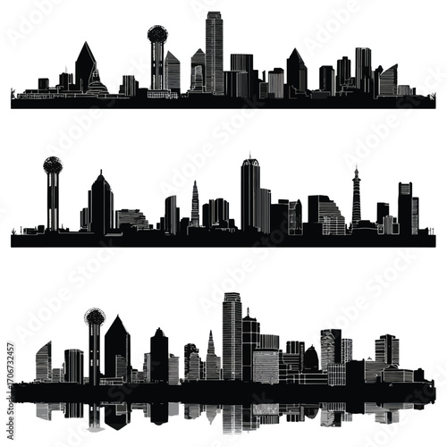 Dallas city skyline silhouette collection black and white isolated on white background