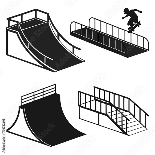 Collection of black and white isometric skateboarding ramps and obstacles including a halfpipe a grind rail with a skateboarder silhouette and a stair set for extreme sports and urban park design