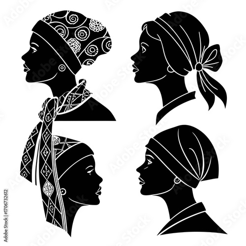 Four elegant female silhouettes in profile each wearing a different style of headscarf or head wrap showcasing diverse cultural fashion and beauty