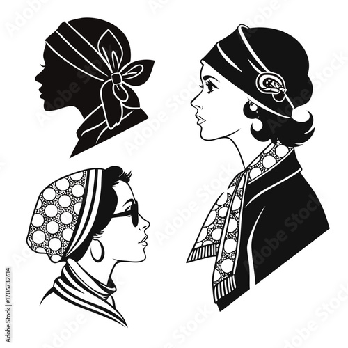 Elegant vintage silhouettes of women wearing scarves and hats showcasing classic fashion styles and timeless beauty
