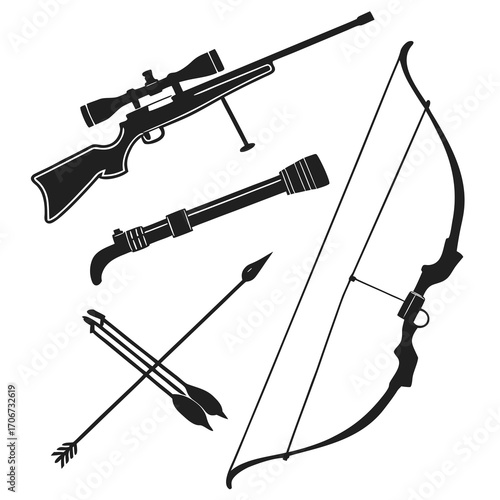 A collection of black silhouettes representing hunting and combat equipment including a sniper rifle a silencer a bow and arrow and arrows