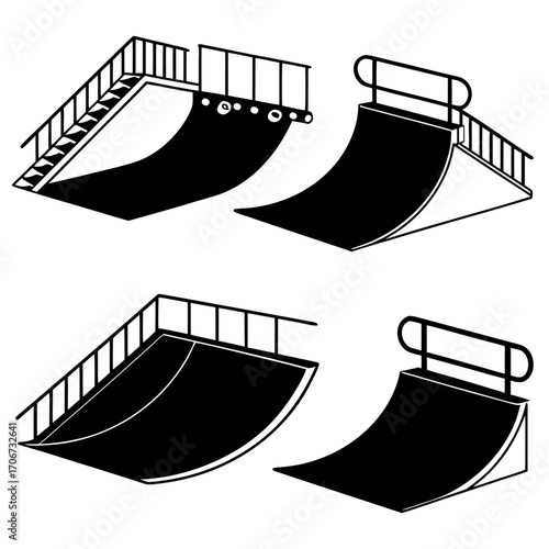 Collection of four black and white graphic illustrations of skateboarding ramps and half pipes presented in a clean minimalist style against a white background
