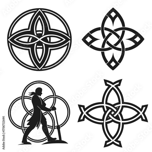 Collection of four black and white celtic knot designs and a silhouette of a man with a staff and rings symbolizing ancient artistry and tradition