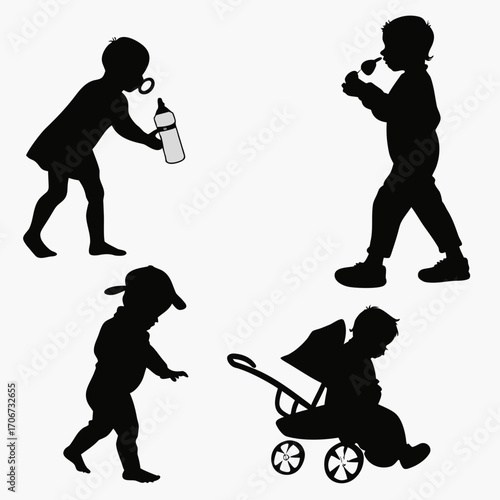 Silhouettes of four young children in various activities including holding a bottle playing with a toy walking and sitting in a stroller representing childhood and infancy
