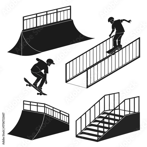 Collection of black silhouette illustrations depicting skateboarders performing tricks on ramps stairs and rails in a skatepark environment
