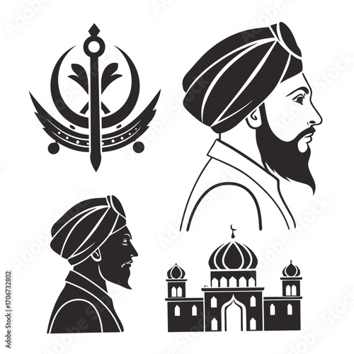 Sikhism religious symbols including the khanda portraits of men in turbans and a mosque illustration in a clean black and white graphic style
