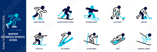 Winter Olympics Sports Blue Colored Outline Icon Set