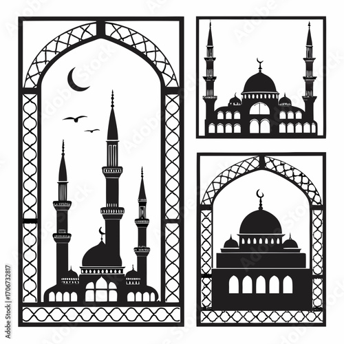 Black silhouette of islamic mosques and minarets with crescent moon and birds against a white background presented in a decorative architectural frame