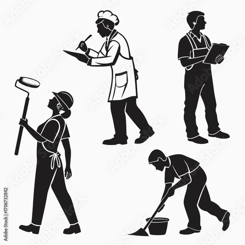 Diverse group of workers in silhouette including a painter chef inspector and cleaner demonstrating various professions and tasks in a clean graphic style