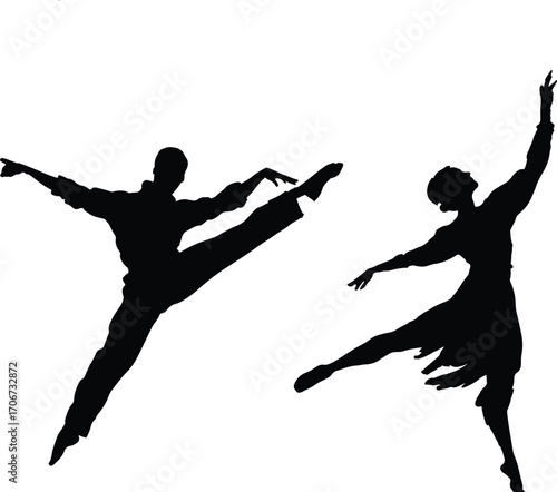 Dynamic dance leap silhouette set black and white isolated on white background