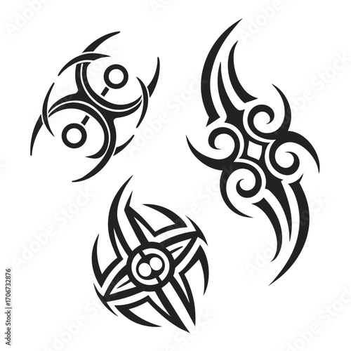 Collection of three distinct black tribal tattoo designs featuring sharp lines swirls and circular elements on a clean white background perfect for body art inspiration