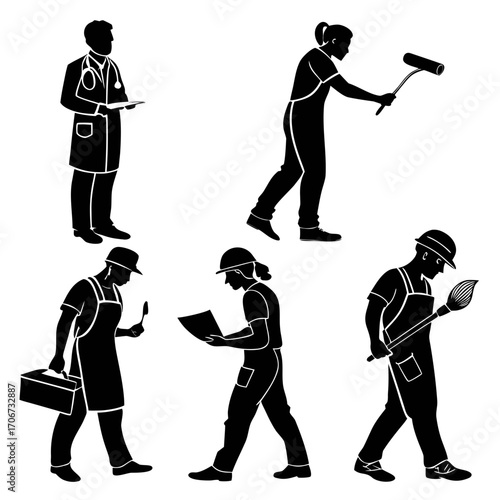 Diverse group of professionals including a doctor painter builder and artist depicted as black silhouettes against a white background representing various occupations and careers