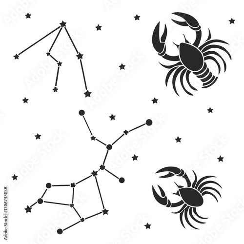 Stylized black and white graphic illustration featuring two zodiac constellations cancer the crab and scattered stars against a clean white background