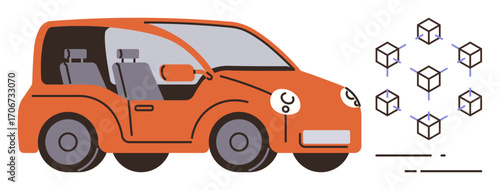 Orange self-driving car connected to blockchain nodes, representing innovation, tech, data safety. Ideal for transportation, connectivity, smart mobility, future tech, cybersecurity AI network