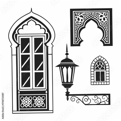 Collection of islamic architectural elements including ornate windows a decorative archway a hanging lantern and a wrought iron railing presented in a black and white silhouette style