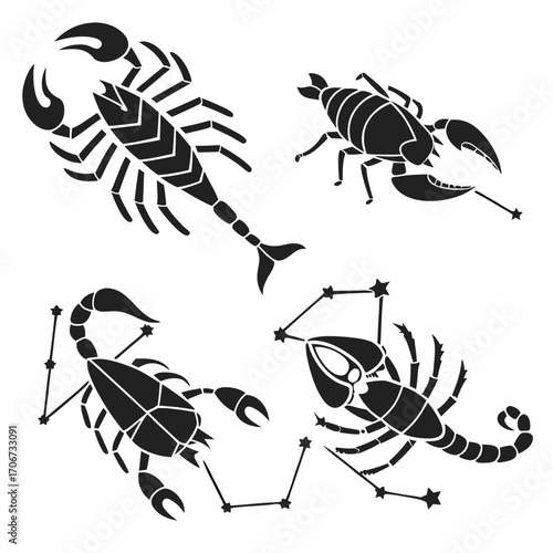 Scorpio zodiac sign constellation and stylized scorpion illustrations in black silhouette on a white background representing astrology and celestial symbols