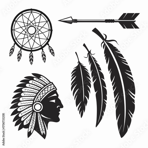 Native american indian tribal symbols including dreamcatcher arrow feathers and headdress silhouette vector illustration