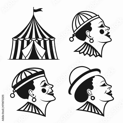 Vintage circus icons featuring a striped tent and stylized profiles of two clowns and a woman in a hat perfect for entertainment or retro themes