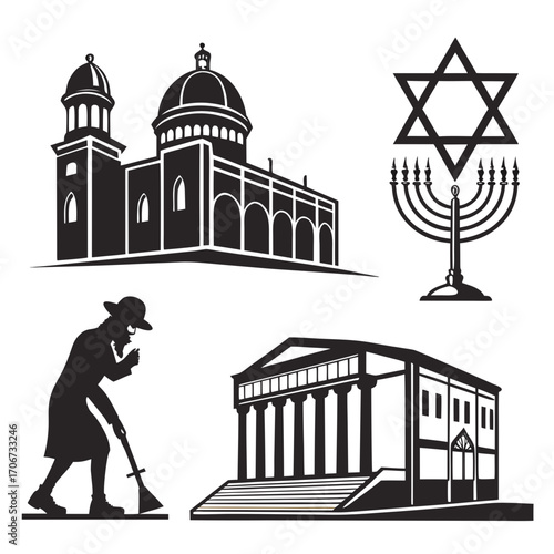 Collection of jewish religious symbols and architecture including a synagogue a menorah the star of david and a silhouette of a man