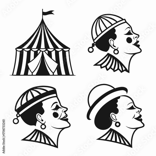 Vintage circus icons featuring a striped tent and stylized profiles of two clowns and a woman in a hat perfect for entertainment or retro themes
