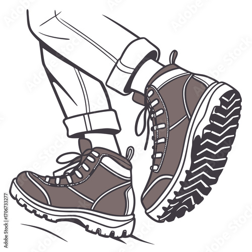 Close up illustration of a person wearing sturdy hiking boots and rolled up pants stepping forward on a path suggesting adventure and outdoor activity