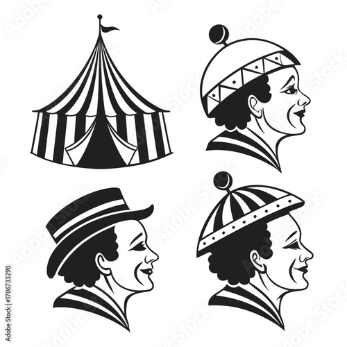 Vintage circus illustrations featuring a striped tent and three stylized clown portraits in profile wearing different hats and striped collars presented in a black and white graphic style